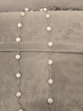 Brand New Elegant Long Pearl Necklace With Silver Chain. 17 inches in length